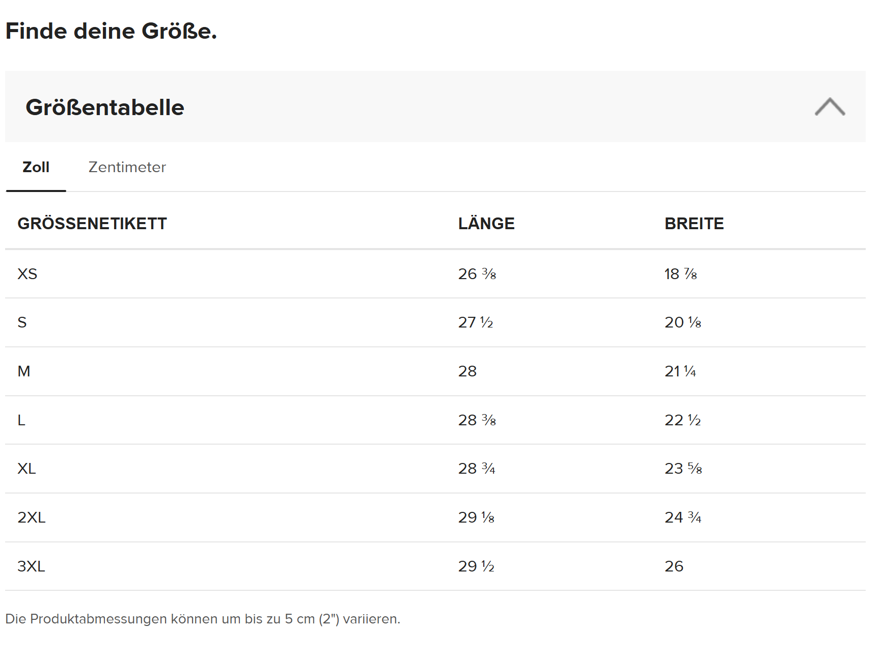 größentabelle inch